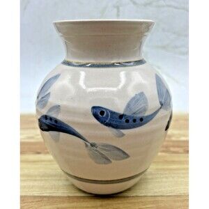 Simon Pearce Miranda Thomas Blue Fish Vase Pottery Handcrafted Vermont 5.5"